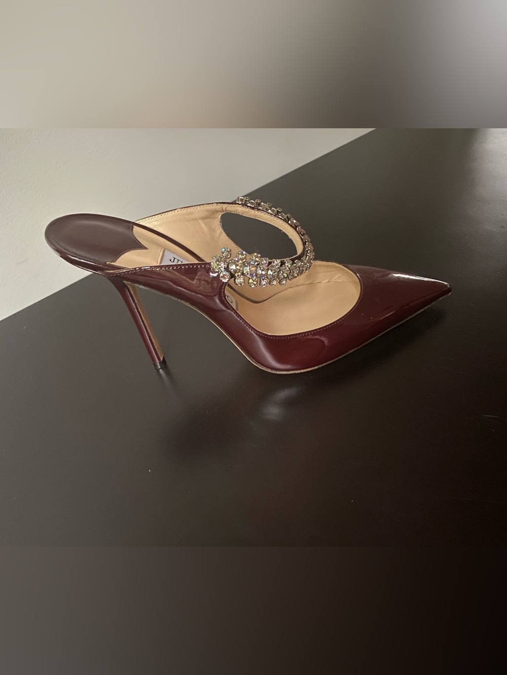 Jimmy Choo Bordeaux (Burgundy) Patent Crystal-Embellished Bing Heels - Picture 7 of 10